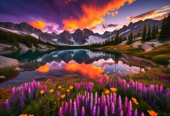 stunning mountain peaks bathed vibrant sunset colors showcasing breathtaking natural landscape, sky, horizon, light, nature, scenery, reflection, beauty