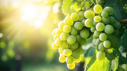 Green Grapes Hanging on Vine in Sunlight, Summer Harvest, Lush Foliage, Ripe Fruit, Fresh Produce, Vineyard Scene, Nature Photography, Grapes Growing, Close Up, Green Grapes, Bunch of Grapes