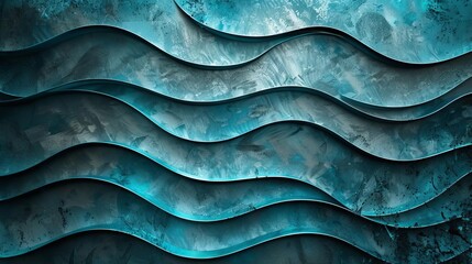 Wall Mural - vibrant teal and cyan abstract wavy lines on grungy metallic background