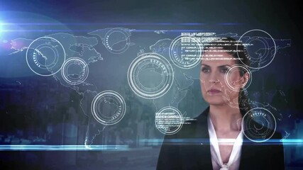 Poster - Animation of digital data processing over caucasian businesswoman and world map