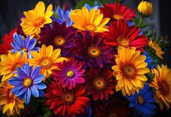 vibrant flower bouquet showcasing bright colors varied textures stunning arrangement, floral, colorscape, petals, botanical, nature, beauty, decor, display