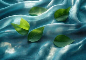 Poster - Green Leaves on a Blue Fabric