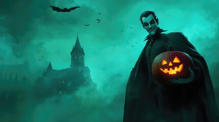 Dracula vampire before a dark teal colored background  with glowing halloween pumpkin. Castle visible in the distance