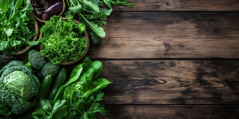 Wall Mural - A wooden table with a variety of green vegetables including broccoli, lettuce, and cabbage. The vegetables are arranged in bowls and the table is surrounded by wood