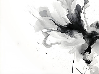 A monochrome abstract artwork featuring the dynamic motion of black ink splashing on a white background, displaying a stark contrast and fluid motion.