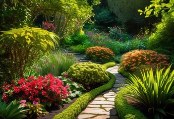 vibrant garden features displaying variety plant textures colors lush natural environment, arrangement, arrangements, beds, borders, bloom, blossoms, bokeh