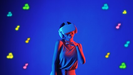 Smiling woman listening and dancing on fun song using VR headset in graphic note melody musical modern design at studio dynamic lighting in music and technology concept blue background. Hallucination.