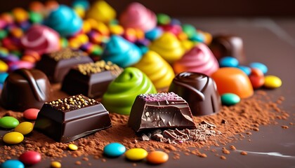 Colorful chocolate candies look attractive on the delicate background, bringing sweet enjoyment and visual enjoyment.