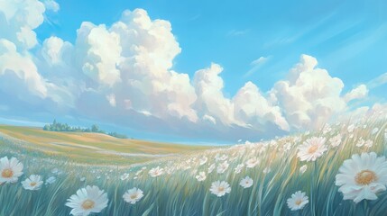 Wall Mural - a painting of a field of white flowers with a blue sky in the background