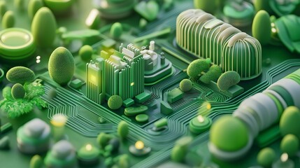 Green miniature factory plant integrated into circuit board, concept of sustainable technology.