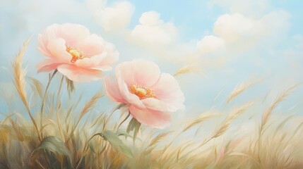 Wall Mural - Two pink flowers are in a field of grass