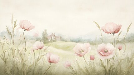 Wall Mural - a field of pink flowers with a house in the background