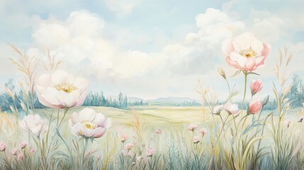 Wall Mural - A painting of a field with a few flowers in it