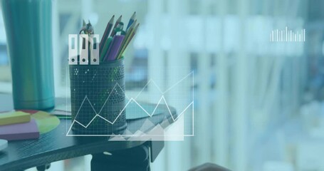 Aufkleber - Animation of icons and data processing over desk in office