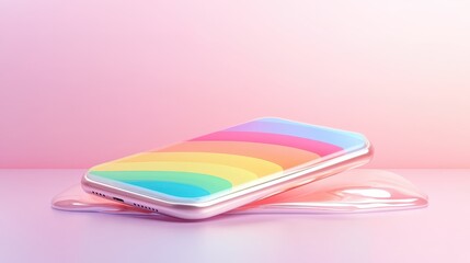 A phone with a rainbow pattern on it is sitting on a pink surface