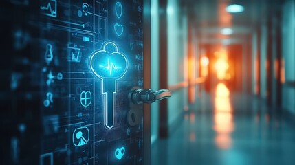 digital heart key unlocking healthcare data on sleek glowing door in a hospital hallway, symbolizing