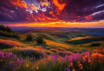 vibrant landscape under stunning sunset skies rich colors dramatic cloud formations, sky, clouds, nature, scenery, evening, horizon, light, atmosphere