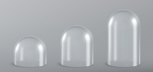 Glass dome, isolated glossy bell sphere or transparent cover, realistic vector 3D. Glass dome or empty protection display, plastic hemisphere or showcase exhibition case jar and spherical globe