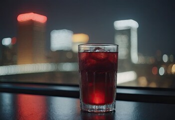 Close-up of a glass with a red-orange sweet and sour cocktail, ice cubes, on the windowsill with a beautiful view from the window of a skyscraper to the night city.