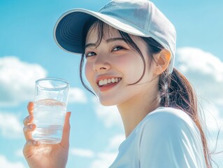 Wall Mural - Smiling Woman Holding Glass of Water