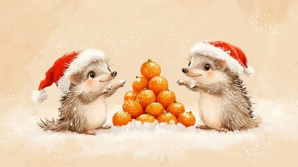 two hedgehogs wearing santa hats cheerfully admire a pyramid of oranges during a festive winter cele