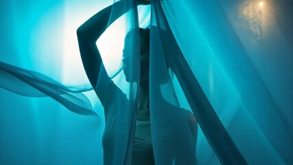 Poster - Woman Posing Behind Sheer Fabric With Dramatic Lighting in a Studio Generative AI