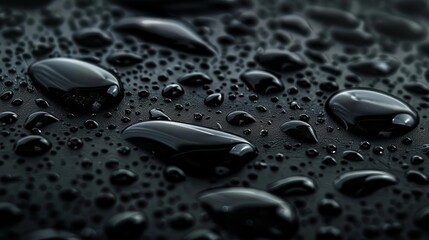 Wall Mural - water droplets condensation on black surface with reflection and depth abstract photo