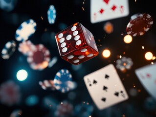 Dynamic scene of flying dice and playing cards against a blurred background, capturing the excitement of casino games.