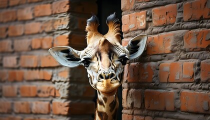 playful and inquisitive giraffe peeking over tall brick wall