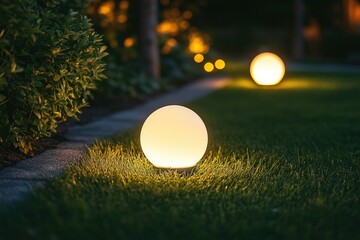 A row of glowing spherical lights illuminate a path through a lush green lawn, creating a warm and inviting ambiance.