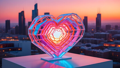 A white heart-shaped geometric sculpture with a honeycomb pattern, placed in front of a blurred cityscape background