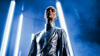 Poster - Futuristic Figure in Metallic Attire Stands Under Bright Lights Generative AI