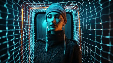 Poster - Young Woman in a Futuristic Setting Illuminated by Blue Neon Lights Generative AI