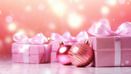 Wall Mural - Pink Christmas background with festive shiny gift boxes and Christmas balls. Holiday Christmas and New Year backdrop with copy space.