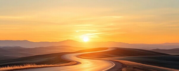 Wall Mural - bright sunrise illuminating a winding road, symbolizing the start of a new path