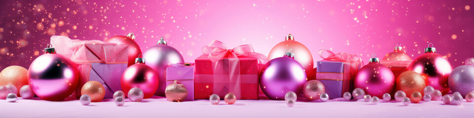 Wall Mural - Pink Christmas banner background with shiny festive gift boxes and Christmas balls. Holiday pink Christmas and New Year panoramic backdrop with copy space.