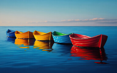 A vibrant scene featuring colorful rowboats peacefully floating on calm waters under a clear blue sky.