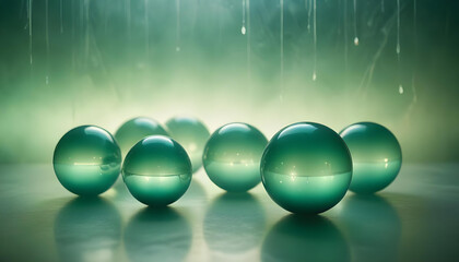 Green glass spheres floating in a dark, misty environment