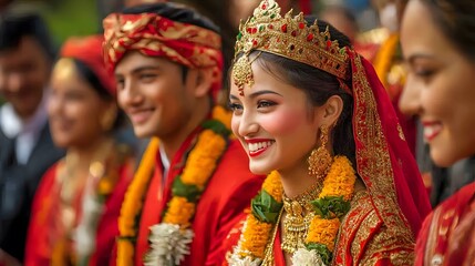 Traditional Nepalese Wedding Ceremony: A traditional wedding ceremony in Nepal, with the bride and groom in elaborate red and gold attire, surrounded by family and friends.
