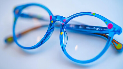 A pair of blue plastic glasses is shown from above, resting on a white surface. The glasses have colorful spots on the arms.