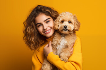 Wall Mural - Young pretty blonde girl over isolated colorful background with a dog