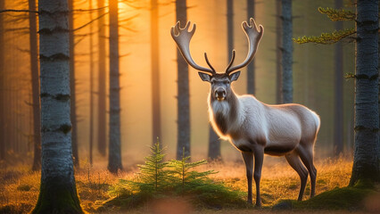 A magnificent reindeer with large, majestic antlers stands tall in the middle of a dense forest at sunset. The warm, golden-orange light of the setting sun filters through the trees