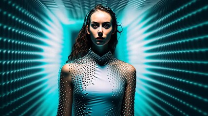 Poster - Model in Futuristic Attire Poses in a Bright Abstract Hallway Generative AI