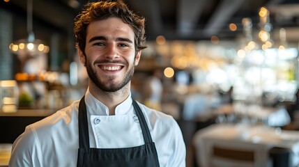 Waiter's Face with a Smile: Portrait of a waiter's face, smiling and welcoming, with a restaurant environment in the background.
