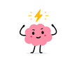 © wowomnom - Vector cartoon illustration of cute strong brain and lightning symbol on white color background. Flat doodle style design of smile health brain character