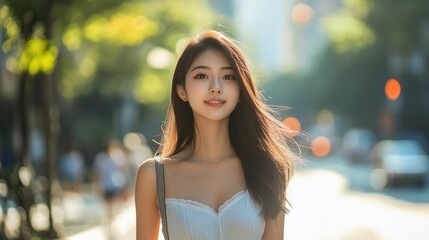 Beautiful young model looking Asian woman in summer clothes walking in the street of a big city. Urban lifestyle concept