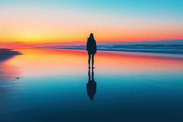 Wall Mural - person standing on a beach at dawn, ready to begin a new day