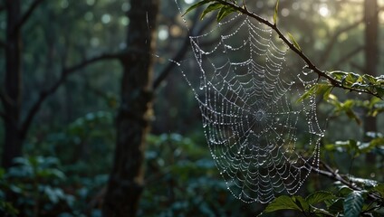 Wall Mural - spider web with dew drops