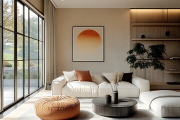 Wall Mural -  Japandi, scandinavain interior design of modern living room. 