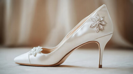 Beautiful white wedding shoes with high heels, perfect for a bride.